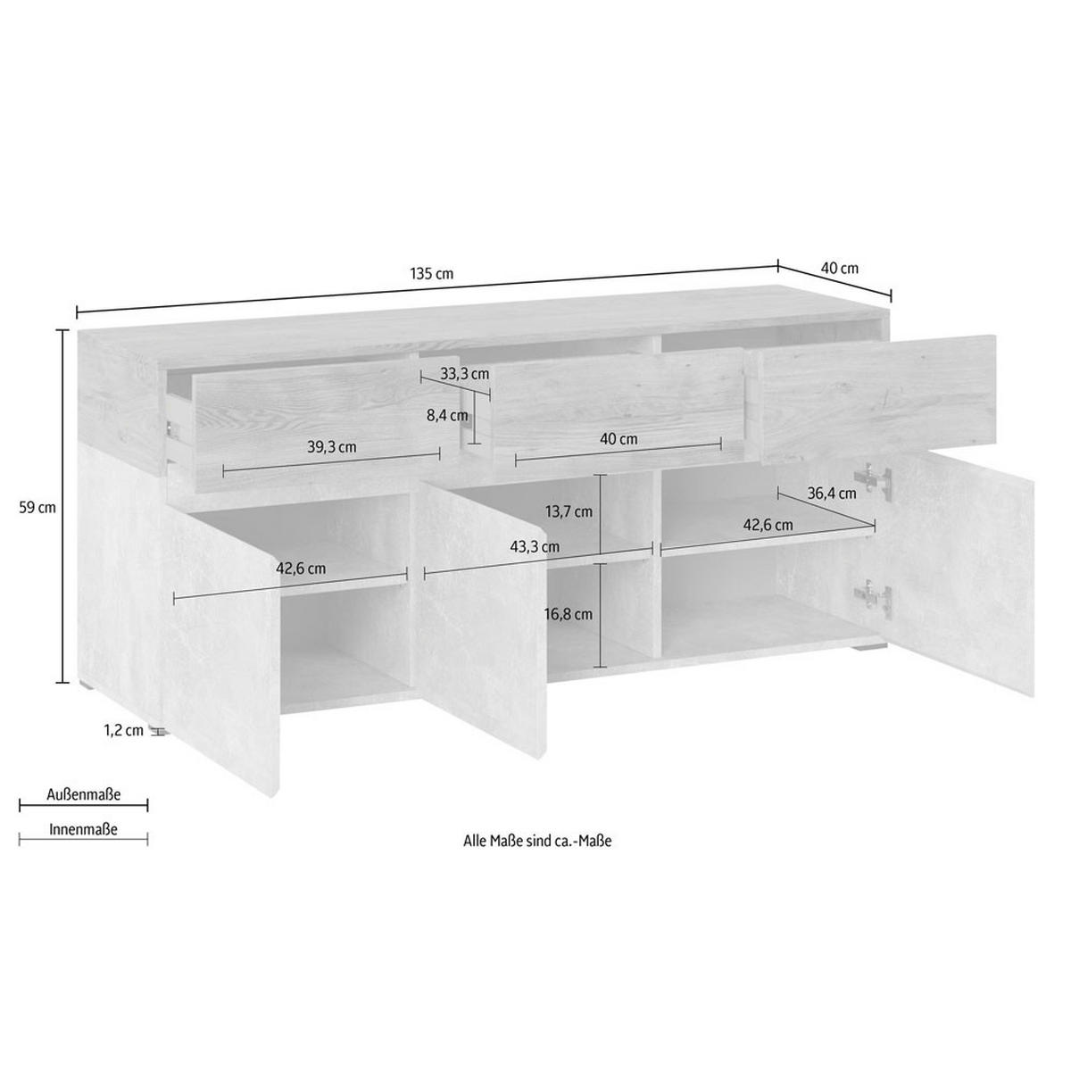 LOWBOARD Rimini weiß / Eiche Artisan 135 / 40 / 59cm - Eichefarben/Weiß, Holz/Holzwerkstoff (135/59/40cm) - Feldmann-Wohnen