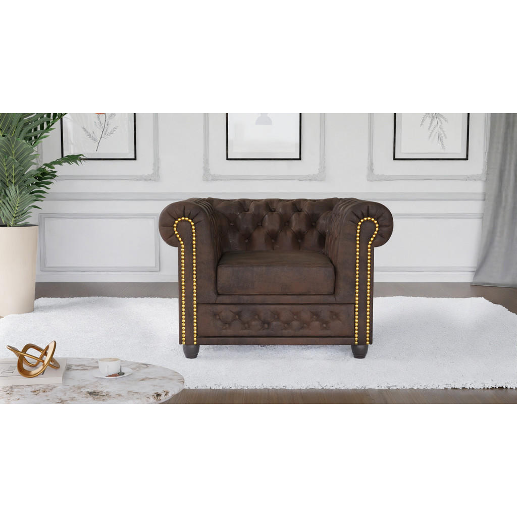 Thumbnail - S-Style Möbel Chesterfield-Sessel, Dunkelbraun, Textil, Echtholz,Birke, 1-Sitzer, Füllung: Polyetherschaumkern,Silikon,K...
