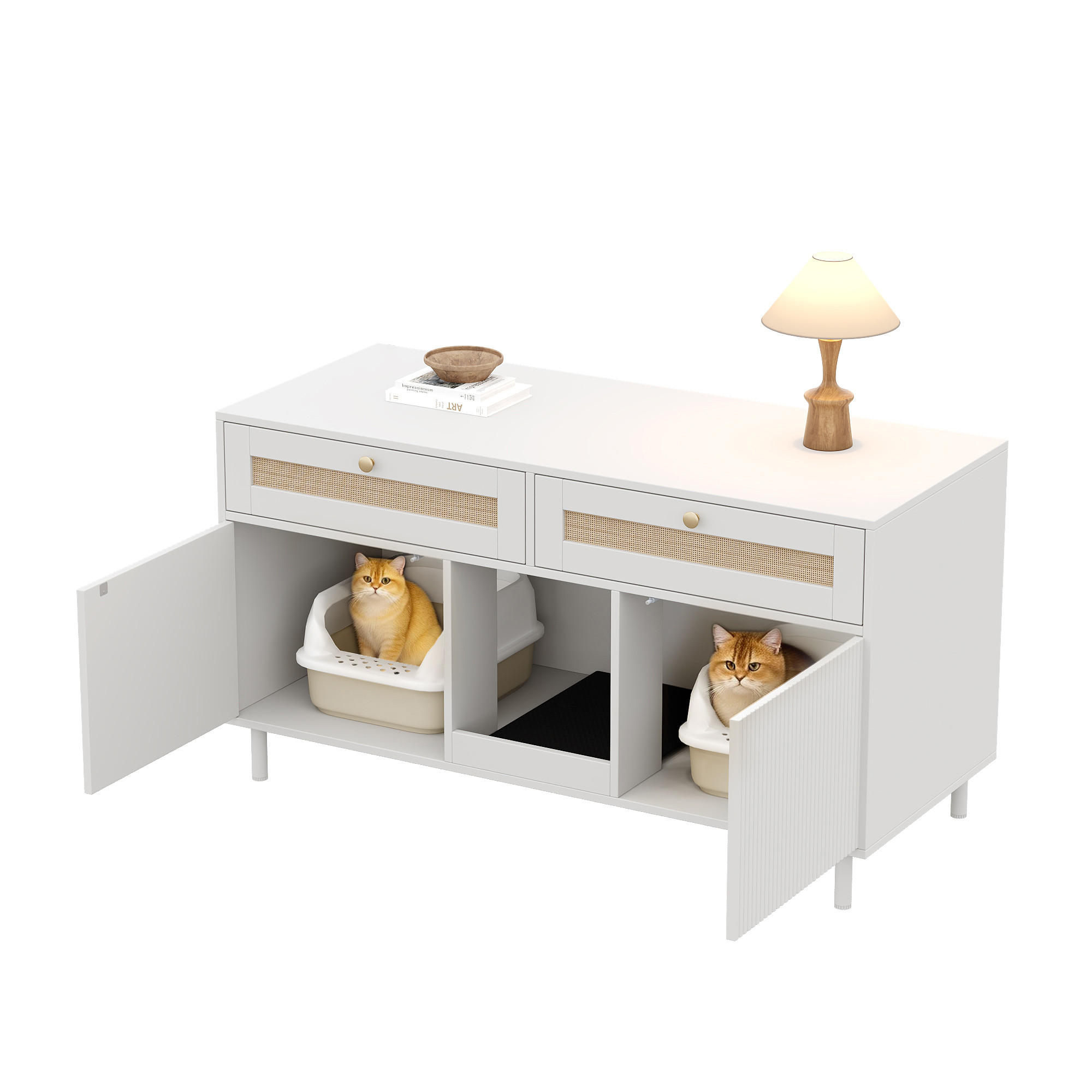 SIDEBOARD Weiß aus MDF 120×50×65cm als Katzentoilettenschrank mit Sandfangmatte und Schublade - Weiß, Holzwerkstoff (50/65/120cm) - Luhomfu