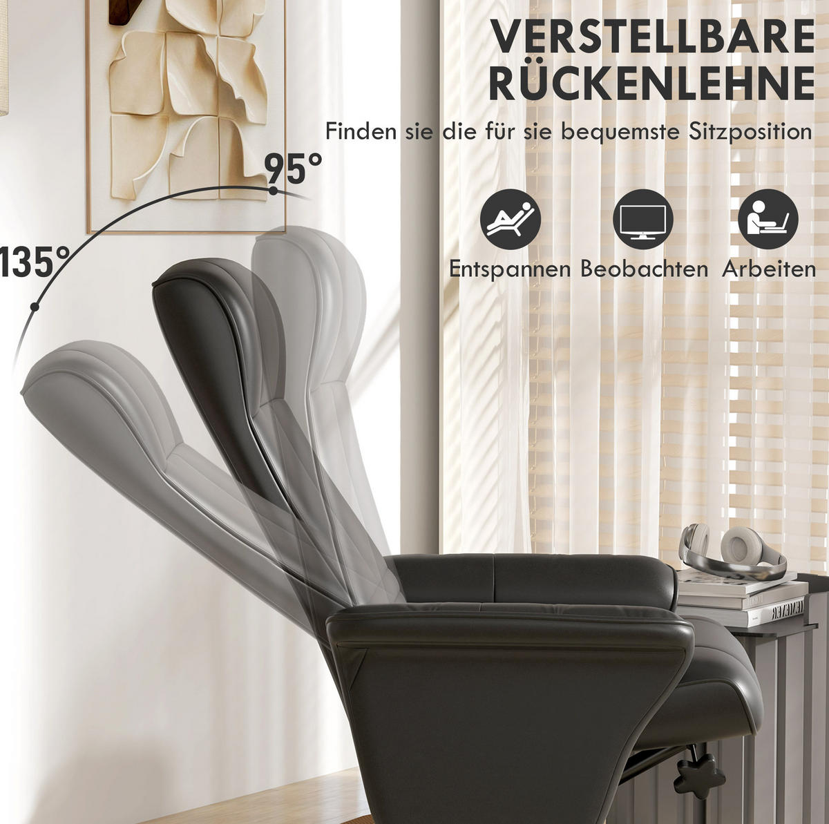 RELAXSESSEL 69/71/104 cm in Schwarz mit Hocker und Liegefunktion - Schwarz, Textil (71/104/69cm) - Flora Grace
