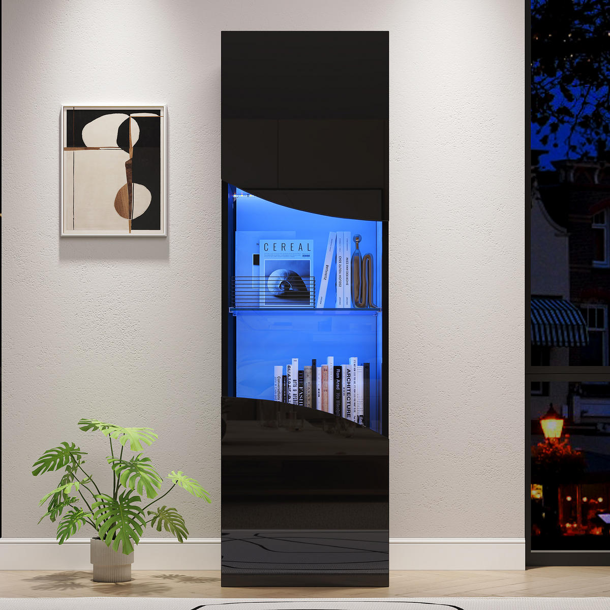 VITRINE schwarz mit gehärtetem Glas, asymmetrischer geschwungener Form 35 × 50 × 165 cm aus Spanplatte und Glas - Schwarz, Holzwerkstoff (50/165/35cm) - Luhomfu