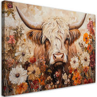 WANDBILD schottische kuh retro blumen - Beige, Textil (60/40cm) - Feeby