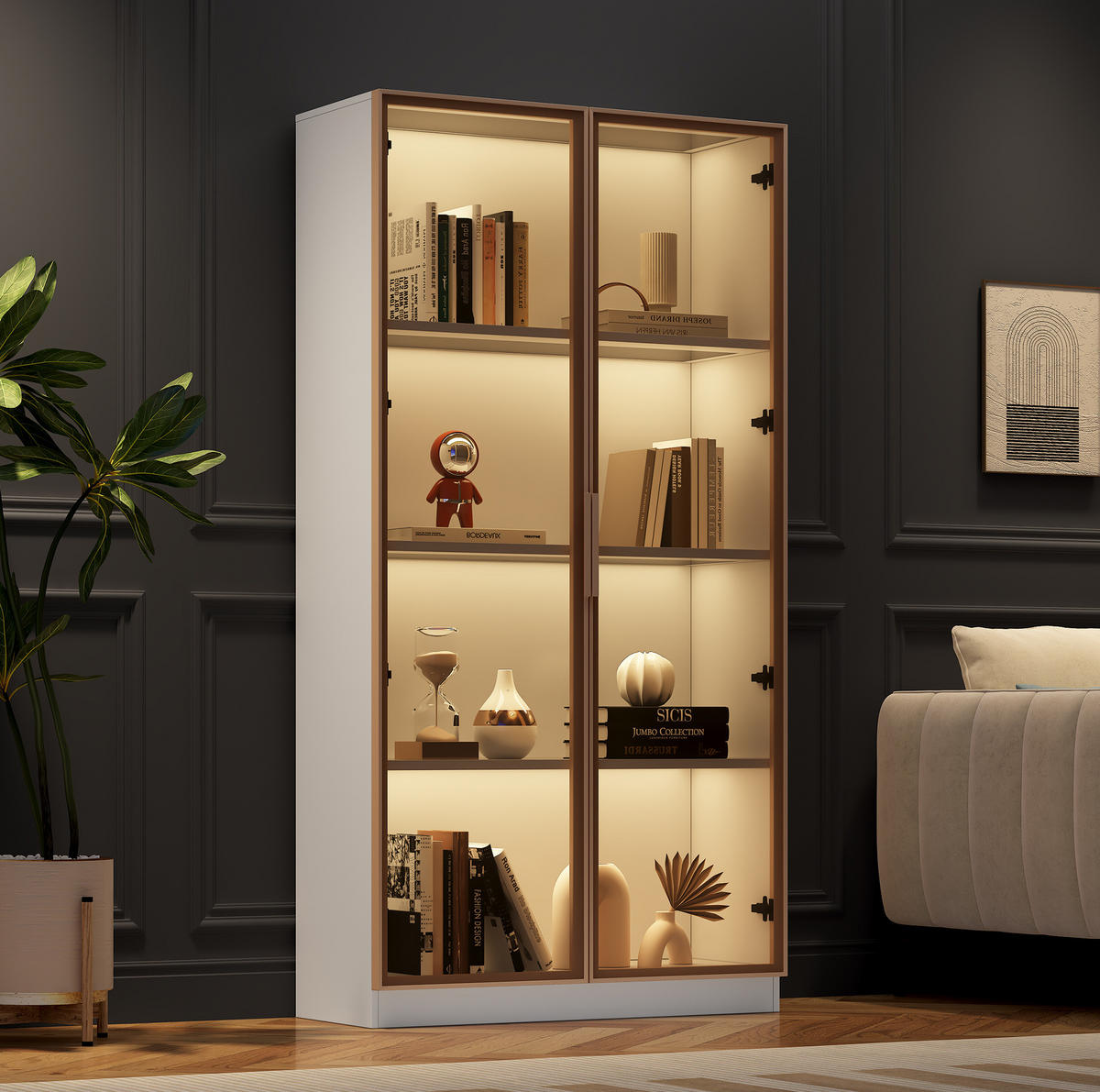 GLASVITRINE aus Spanplatte 80x40x160 cm Weiß mit LED-Beleuchtung, verstellbaren Einlegeböden und Doppeltüren - Weiß, Holzwerkstoff (80/160/40cm) - Modfu