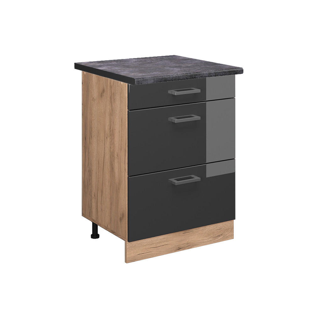 KÜCHENUNTERSCHRANK R-Line Anthrazit Hochglanz 60 cm mit Schubladen AP Anthrazit - Honigeiche/Schwarz Hochglanz, Holzwerkstoff (60/81.6/60cm) - Vicco