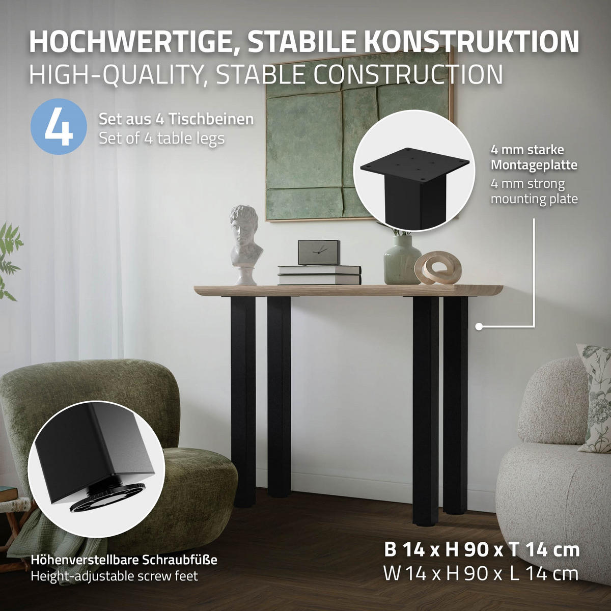 TISCHBEINE 4er Set I-Design H:90 cm Schwarz 8x8 cm - Schwarz, Metall (8/90/8cm) - ML-DESIGN