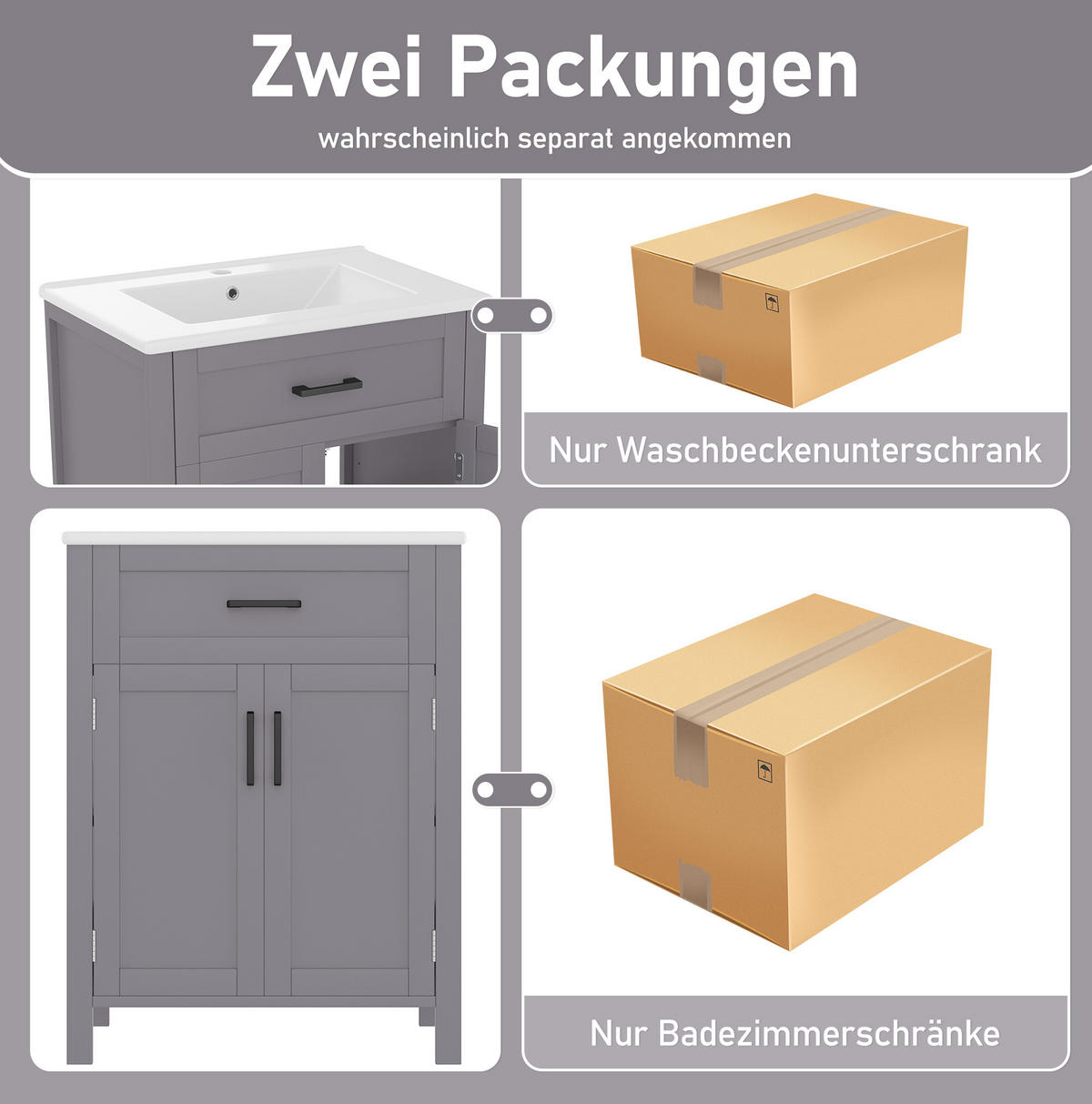 WASCHTISCHKOMBI 60/46/84,8 cm in Grau mit Keramikwaschbecken und 2 Türen - Grau, Holzwerkstoff (60/84.8/46cm) - Flora Grace