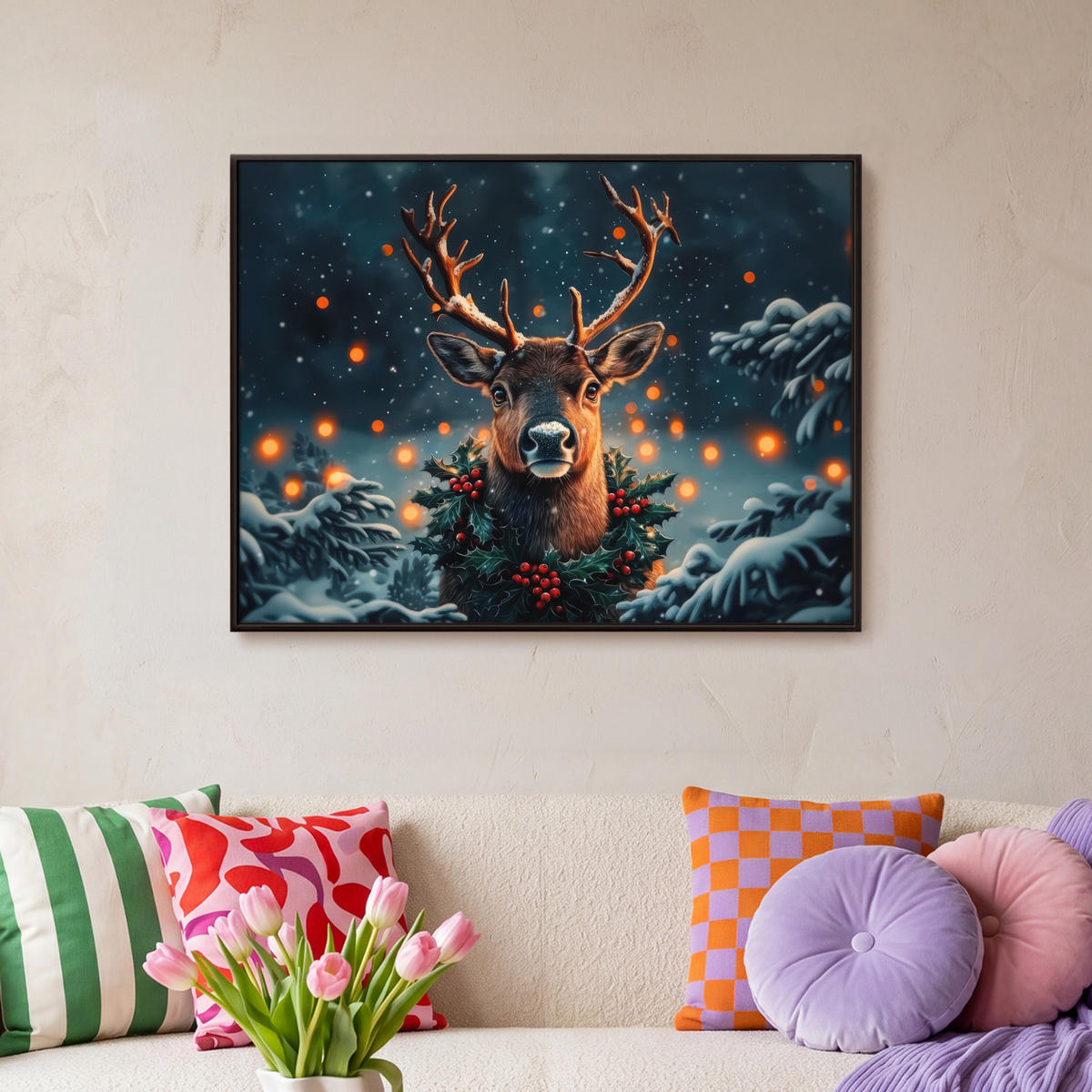 LEINWAND Bilder mit Rahmen - Hirsch - Weihnachten - Winter - Schnee - Weihnachtskranz - 70x50 - Dunkelbraun, Textil (70/50cm) - MuchoWow