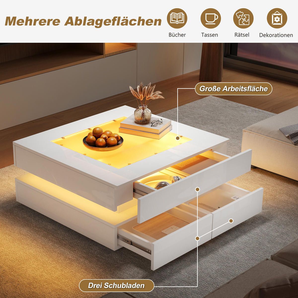 COUCHTISCH DE-37117 quadratisch mit Glasplatte, LED und 3 Schubladen Weiß - Weiß, Holzwerkstoff (70/70/35cm) - ComfortXL