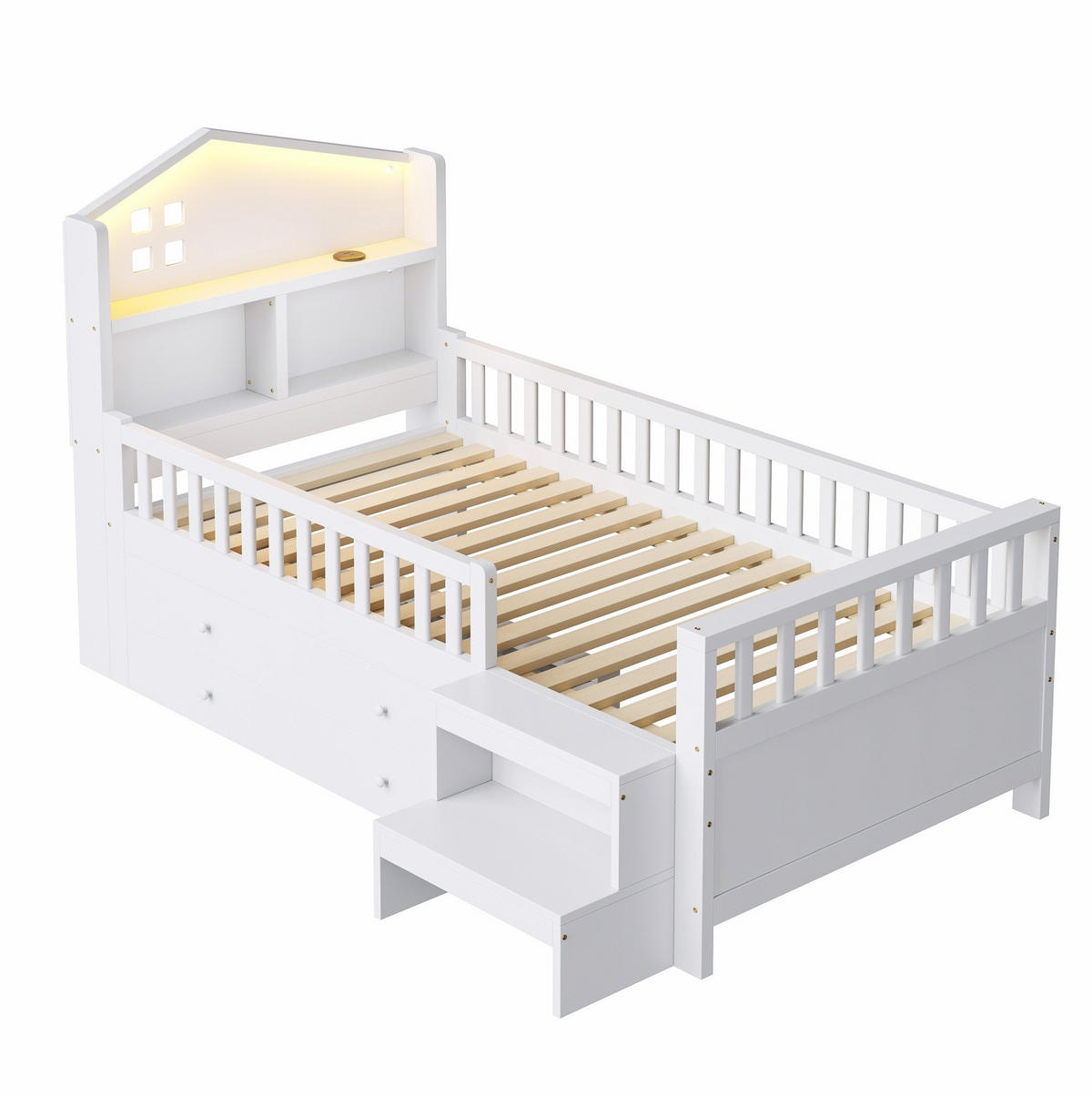 KINDERBETT aus Massivholz 90x200 cm Weiß mit Dachform, 4 Schubladen, Leiterstufen, LED und Ladeanschlüssen - Weiß, Holz (90/200cm) - Modfu