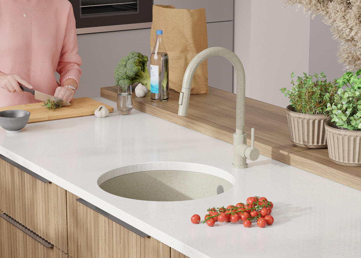 UNTERBAUSPÜLE GRANIT Valletta, 2-er set Beige 46/46 cm 1 Becken + Küchenarmatur 40/20 cm + Ablauf-Set ab 50er Unterschrank - Beige, Kunststoff (46/20/46cm) - Primagran