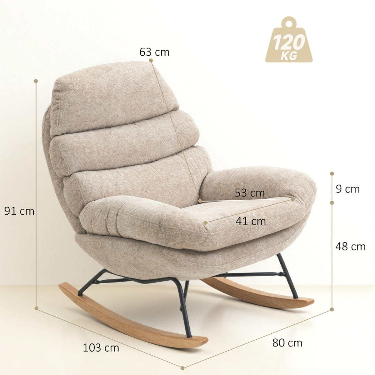 SCHAUKELSTUHL Cremeweiß mit Stahlbeinen und Holzkufen - Creme, Textil (80/91/103cm) - Oxeza