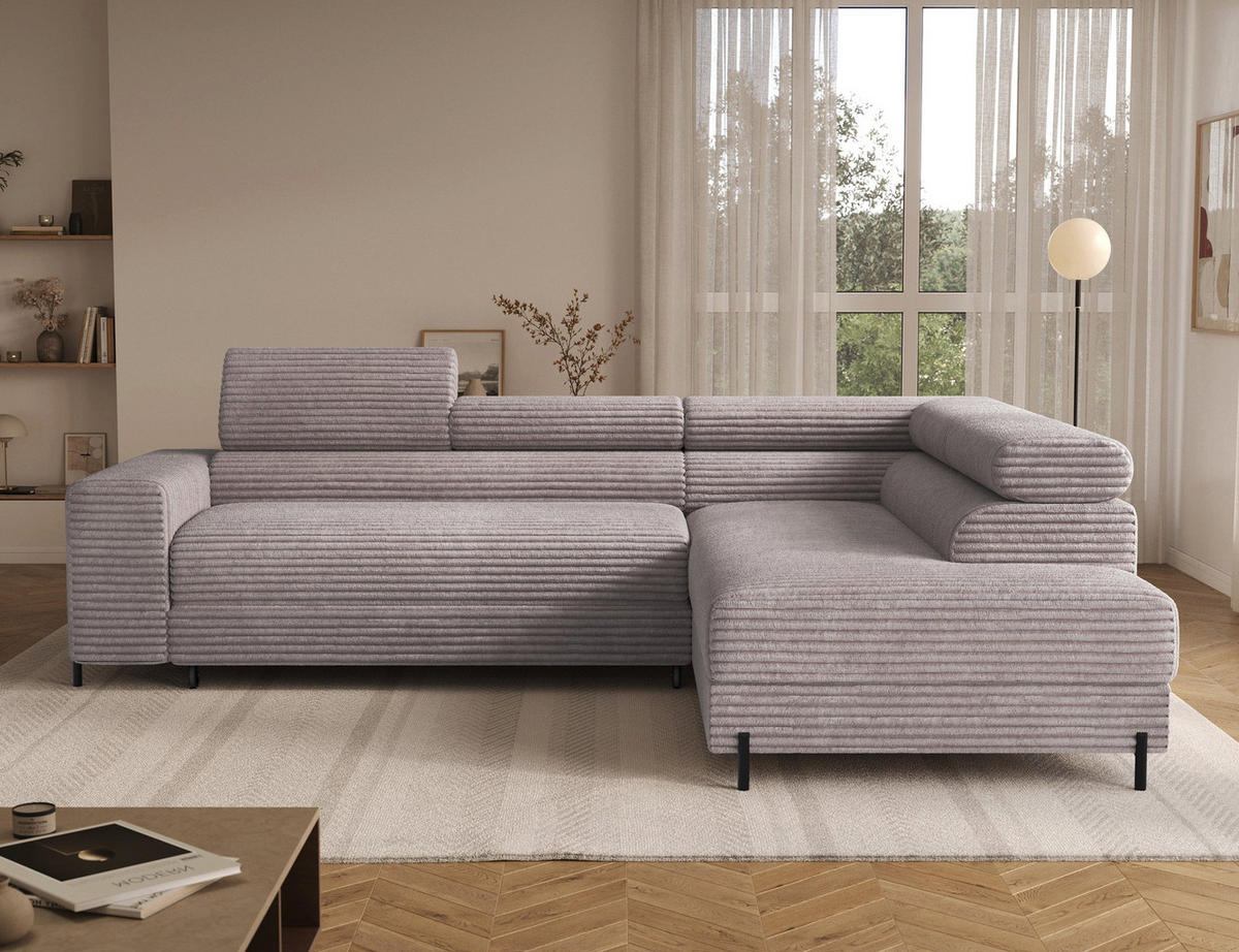 ECKSOFA COLESIO L-Form, Schlaffunktion, Bettkasten, verstellbare Kopfstützen, Wellenfederung, Metallfüße, breiter Cordstoff - Schwarz/Grau, Kunststoff/Metall (204/269cm) - Wohnideebilder