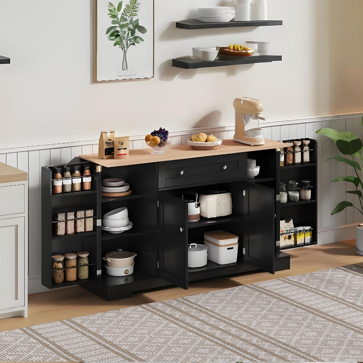 SIDEBOARD in Schwarz Küchenbuffet mit Regaltüren und Schublade für Küche und Wohnzimmer, B138/T40/H85 cm - Schwarz, Holzwerkstoff (138/85/40cm) - STILVORA
