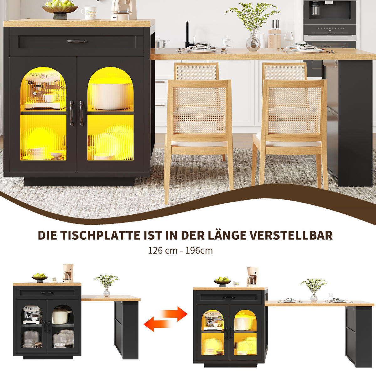 BIFE omara z izvlečno ploščo 126–196 cm, LED-osvetlitvijo in steklom, črn - črna, leseni material (59/94/126cm) - OKMYHOME