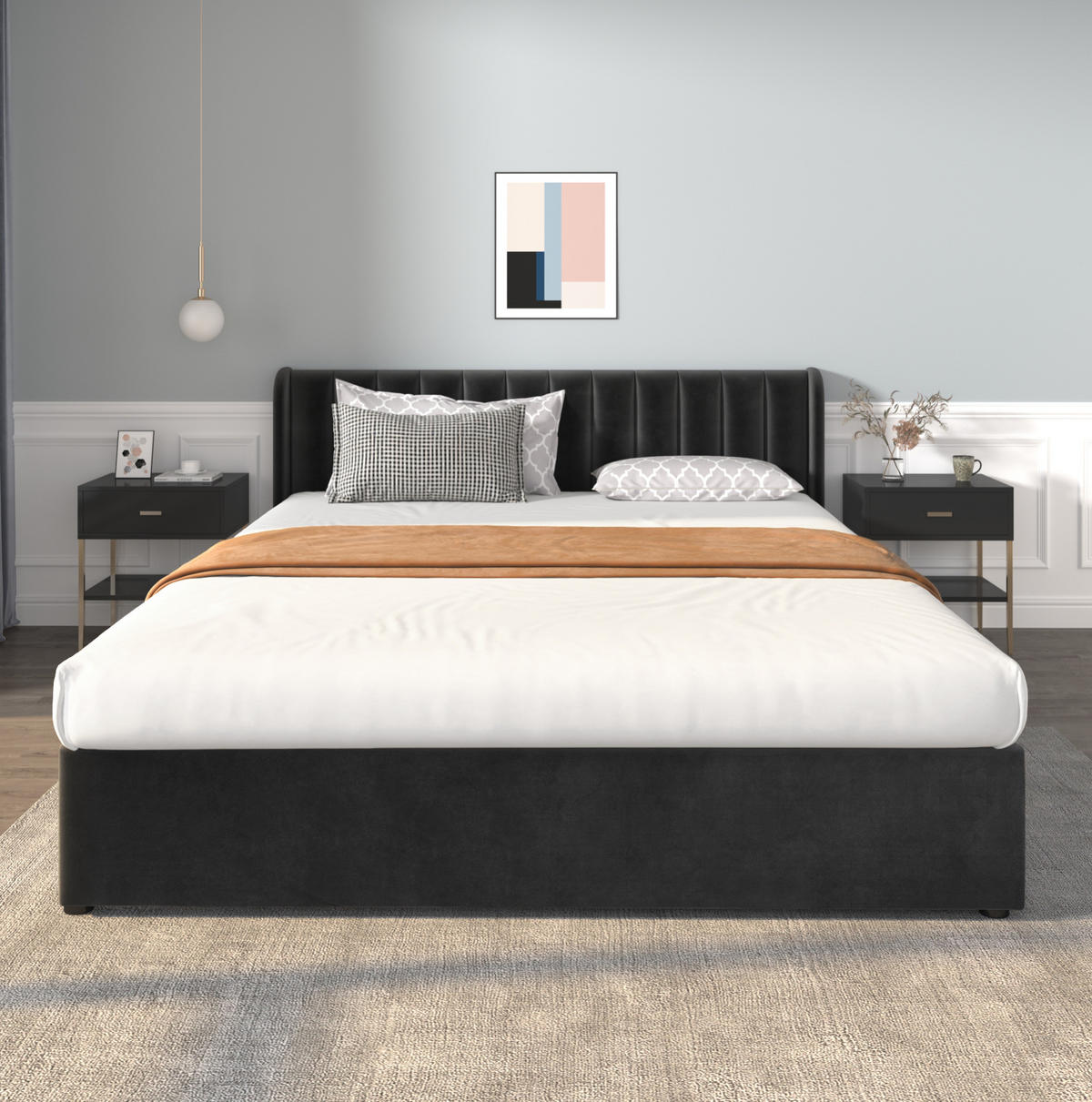 POLSTERBETT 180/200 cm aus Samt mit Lattenrost, hohem Kopfteil und 2 Schubladen, Schwarz - Schwarz, Textil (180/200cm) - Redom