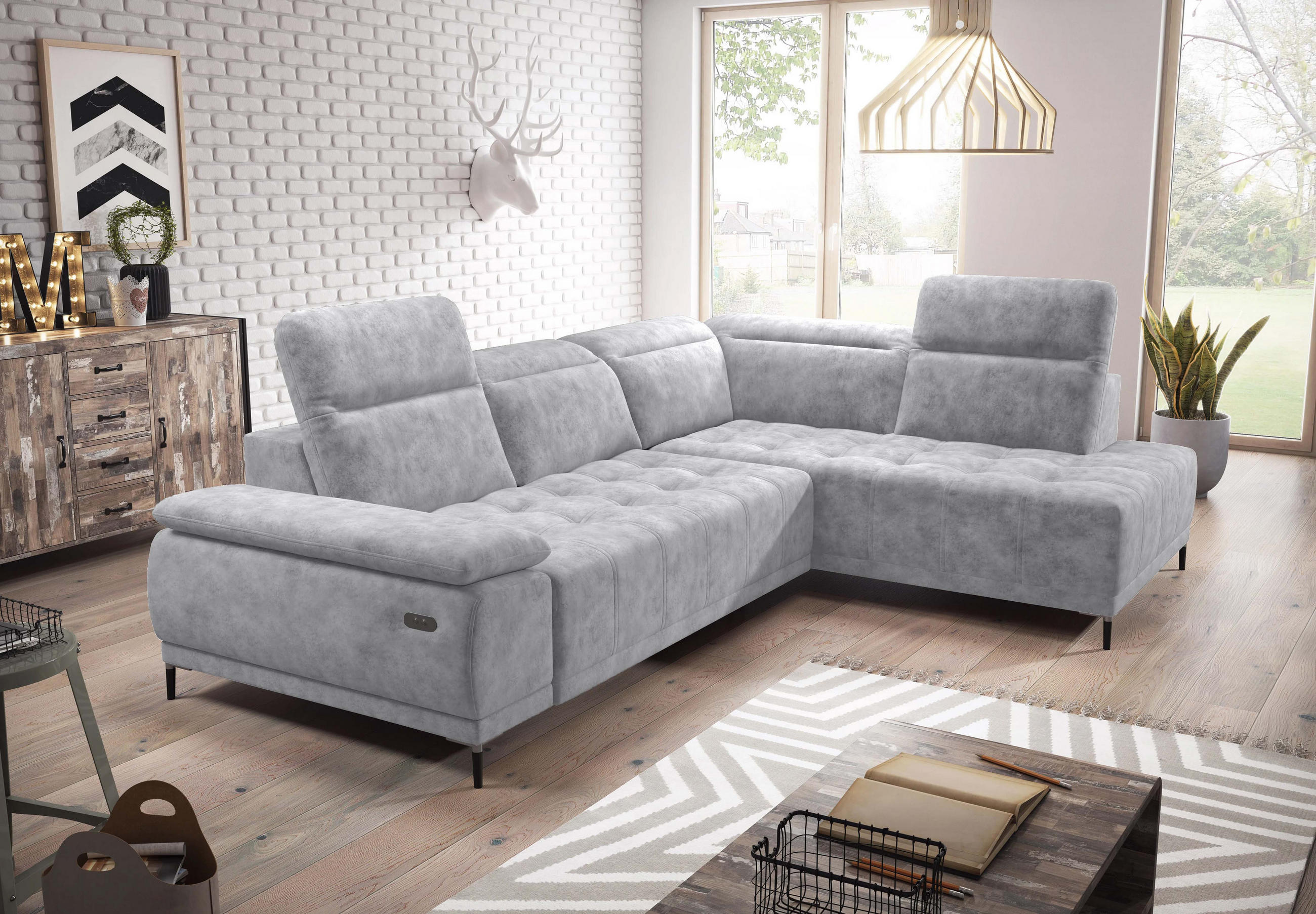 ECKSOFA FOCUS XL L-förmig Konfiguration freistehend RECHTS 352x204x98cm Silver - Silberfarben, Holz/Textil (352/204cm) - DomoHome
