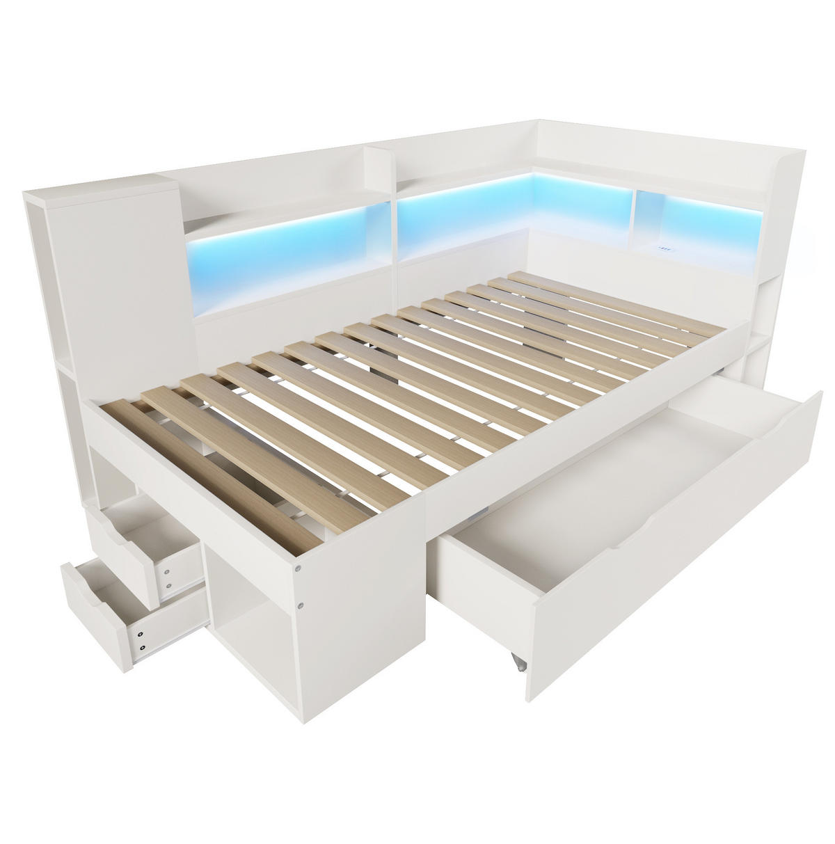 DENNÁ posteľ 90/200 cm biela z dreva s LED osvetlením USB a Typ-C nabíjaním a úložným priestorom - biela, kompozitné drevo (90/200cm) - OKWISH