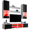 WOHNZIMMERSET VARALLO, 6er-Set, Weiß, Front Hochglanz Schwarz , LED Mehrfarbige - Schwarz/Weiß, Glas/Holzwerkstoff (200/190/45cm) - Komodee