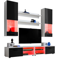 WOHNZIMMERSET VARALLO, 6er-Set, Weiß, Front Hochglanz Schwarz , LED Mehrfarbige - Schwarz/Weiß, Glas/Holzwerkstoff (200/190/45cm) - Komodee