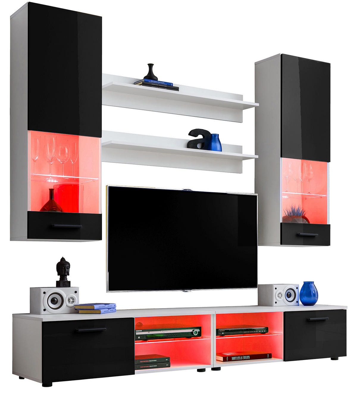 WOHNZIMMERSET VARALLO, 6er-Set, Weiß, Front Hochglanz Schwarz , LED Mehrfarbige - Schwarz/Weiß, Glas/Holzwerkstoff (200/190/45cm) - Komodee