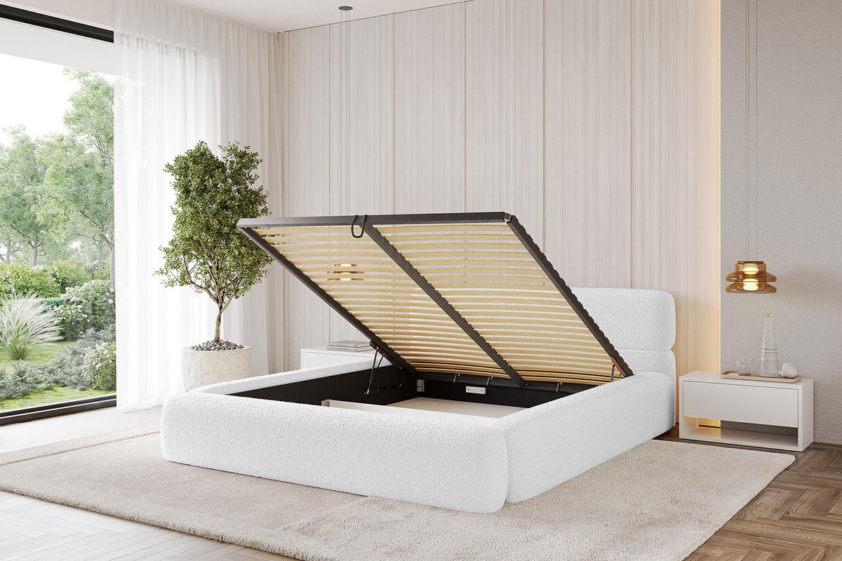 POLSTERBETT mit Bettkasten und Lattenrost, Bett mit Matratze H3/H4 - ENORA-V1 200x200 Weiß - Weiß, Holzwerkstoff/Textil (200/200cm) - ALTDECOR