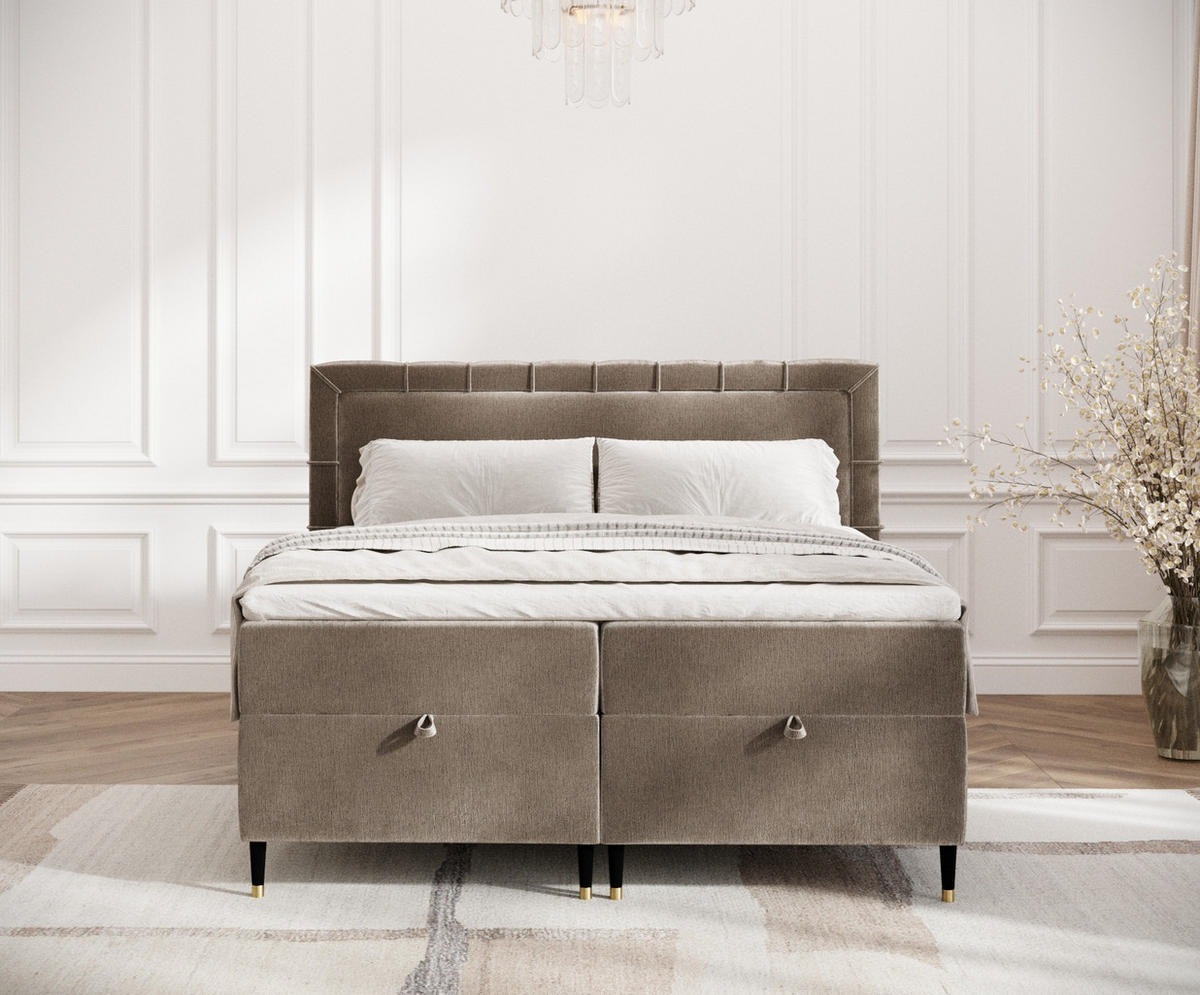 BOXBETT Monpelli Beige 180/200 cm mit Matratze und Topper - Beige/Schwarz, Holz/Holzwerkstoff (180/200cm) - Maison de Reve