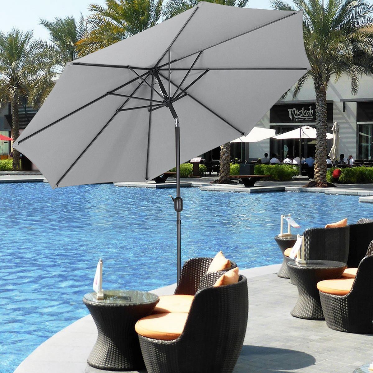 SONNENSCHIRM aus Polyester Metall in Hellgrau mit Resin-Sockel drehbar 360° neigbar 60° 3 x 2.4m Ø49 × 35 cm - Grau, Metall (300/240cm) - Livingandhome