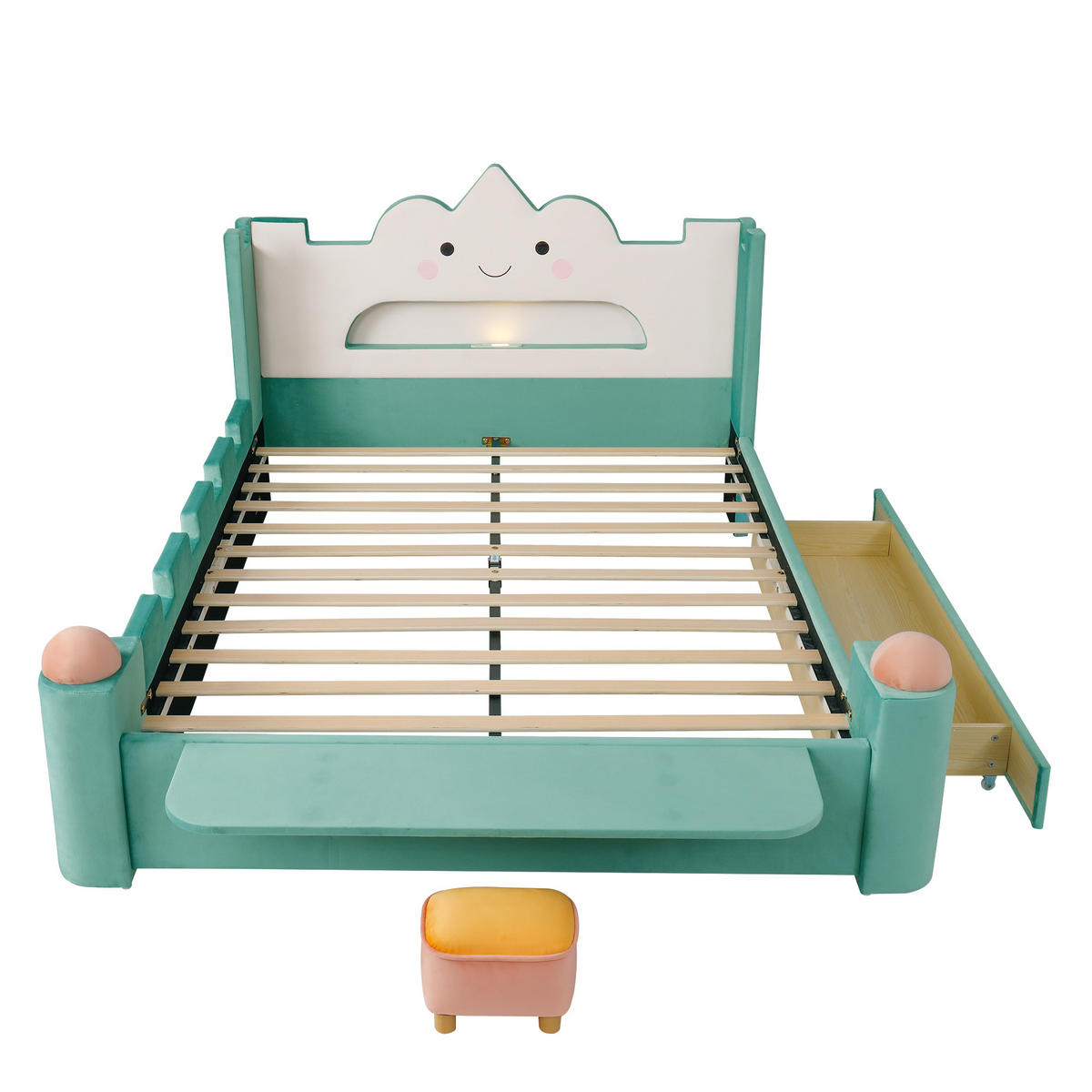 KINDERBETT 140/200 cm in Blaugrün mit Schublade, USB und klappbarer Ablage Samt - Türkis, Holzwerkstoff/Textil (140/200cm) - CHICFURN