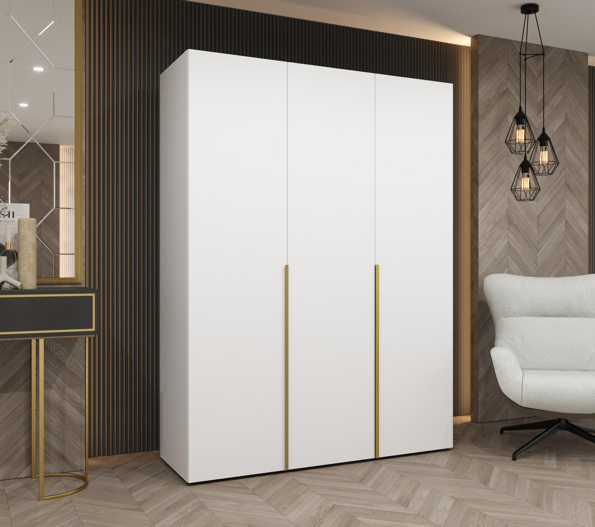 DREHTÜRENSCHRANK 202/150/52 3-türig - Goldfarben/Weiß, Holz (150/202/52cm) - Abiks Möbel