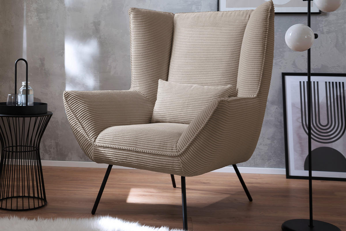 SESSEL IVA Taupe Cord - Taupe/Schwarz, Textil/Metall (90/112/94cm) - KAWOLA