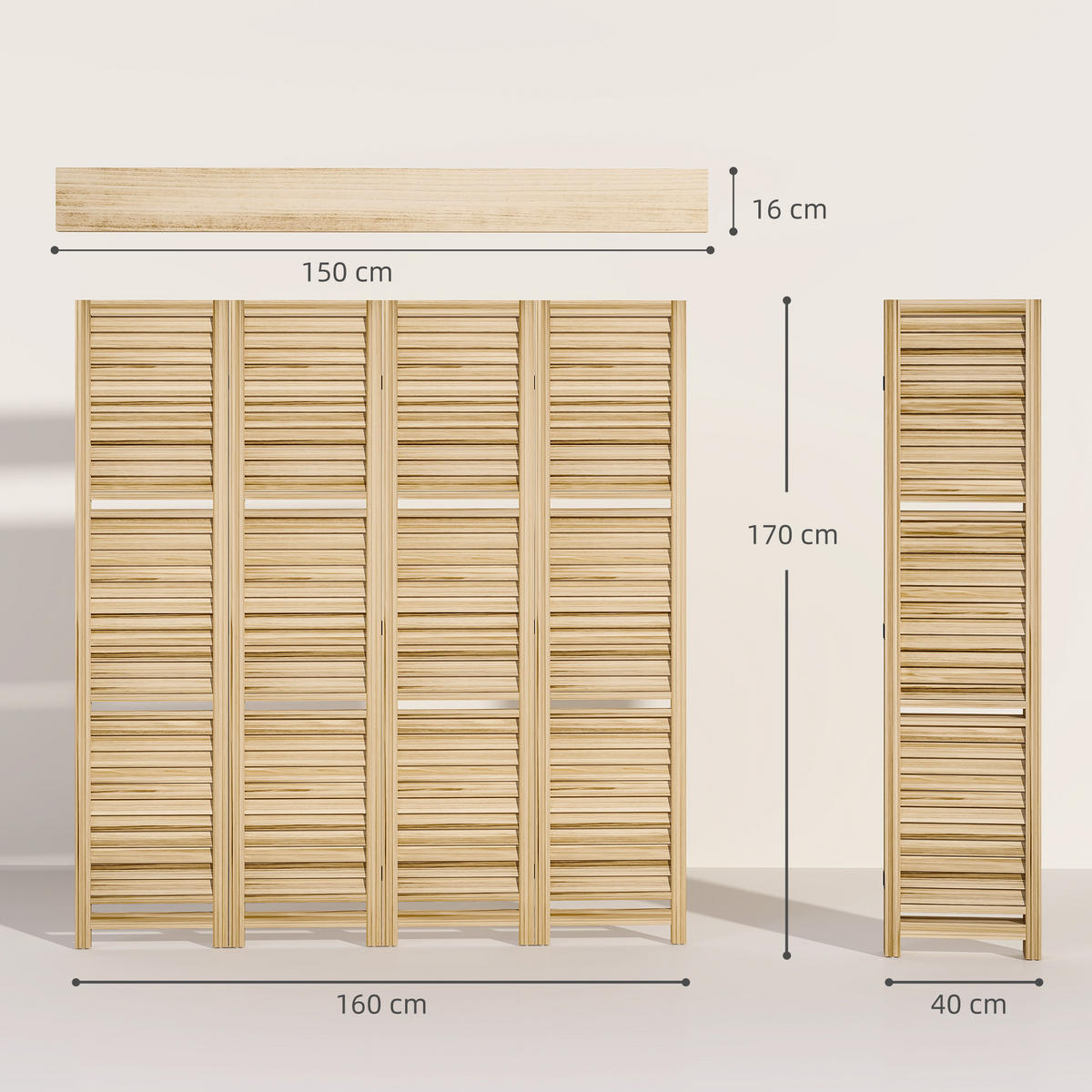PARAVENT DE-14318 4 Paneele, 3 Regalböden, Lamellen Naturholz - Naturfarben, Holz (160/170/1.9cm) - ComfortXL