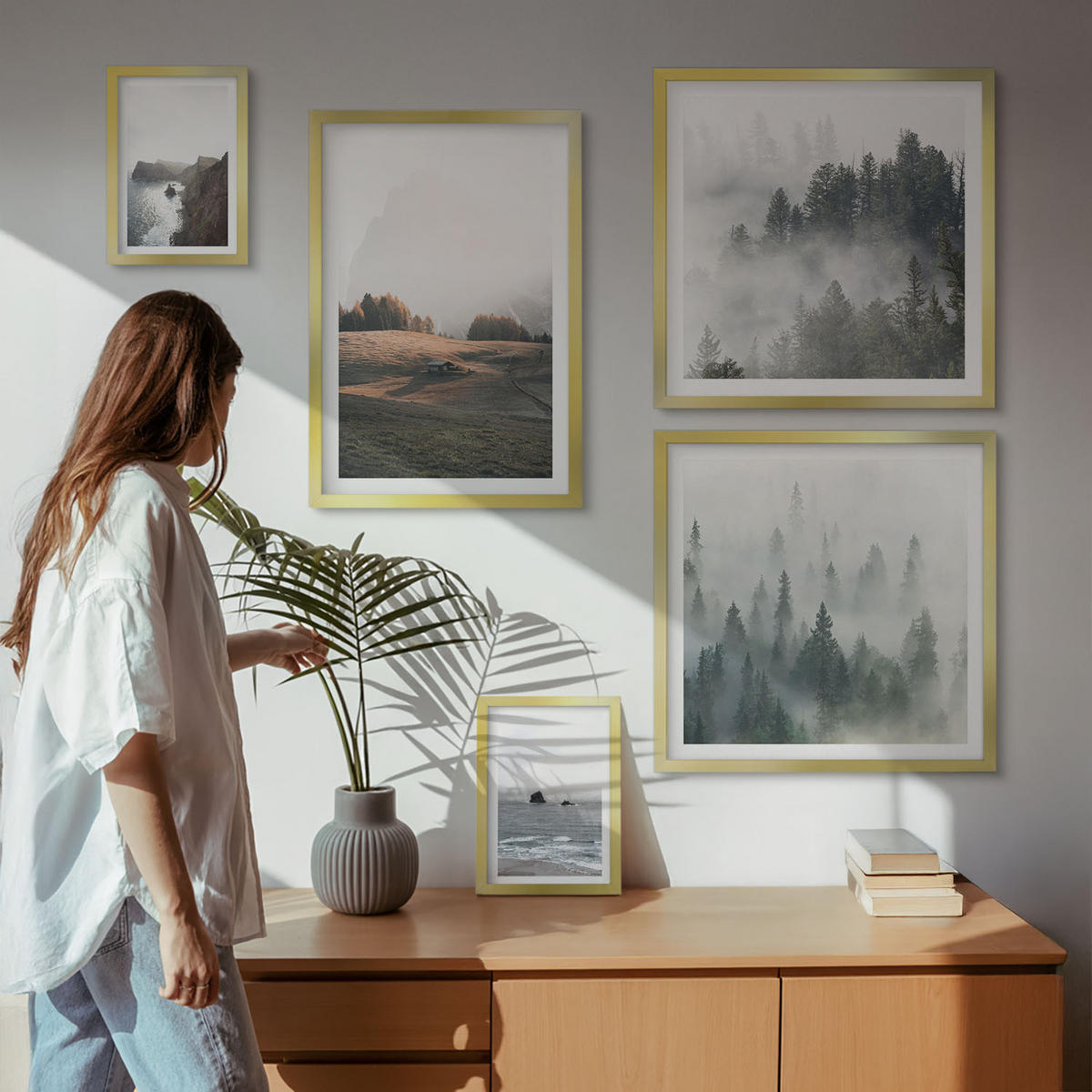 WANDBILDER 5er Set - 50x50 cm & 20x30 cm & 40x60 cm Goldrahmen - Landschaften aus Bergen und Meer - Goldfarben, Kunststoff (40/60cm) - ArtPrintCave