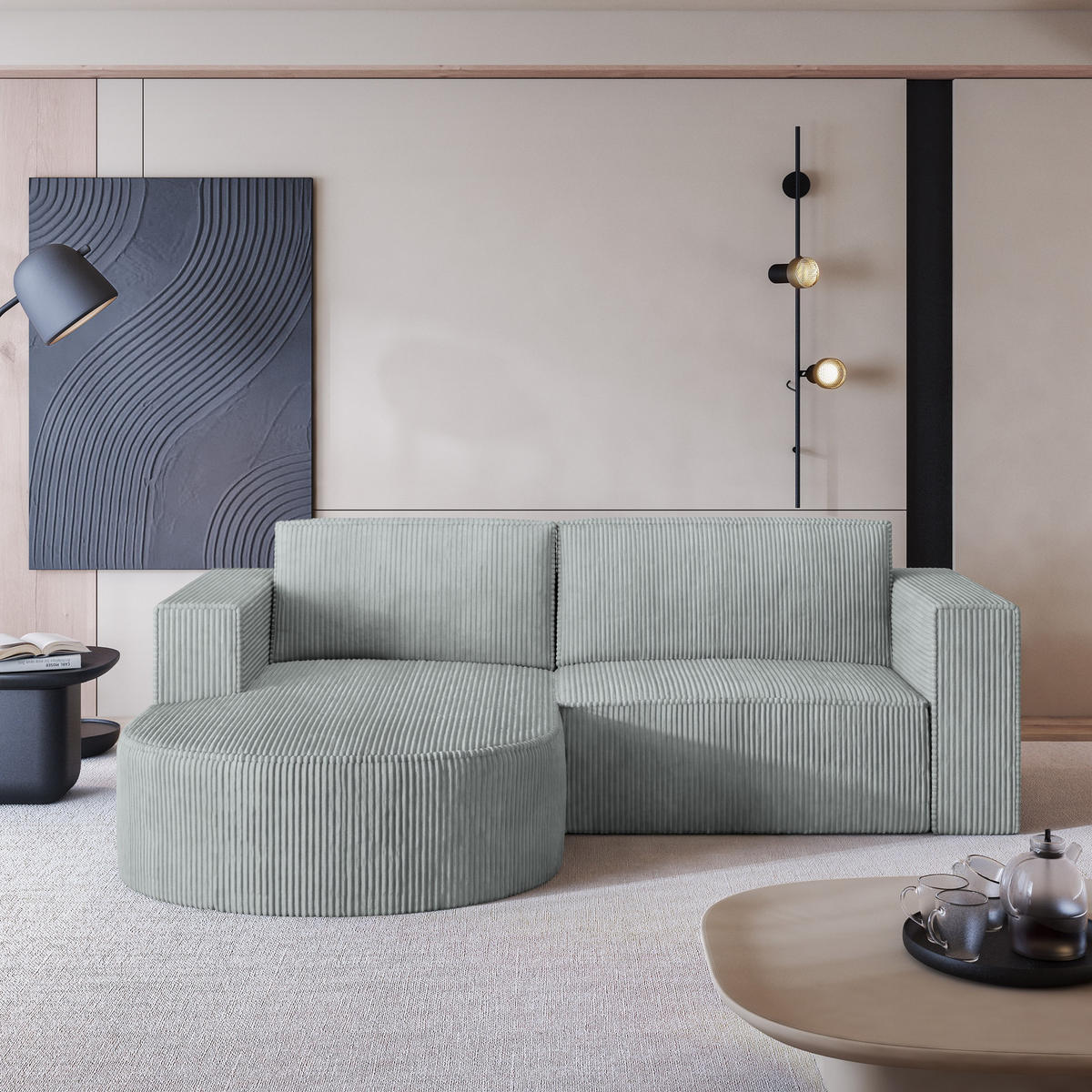 ECKSOFA SORELA P L-S Hellgrau Kordstoff mit Schlaffunktion - Hellgrau, Holz (263/174cm) - MASSENO