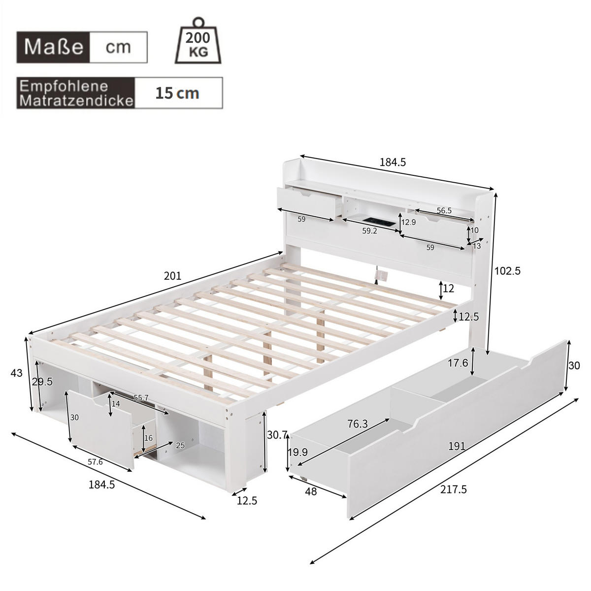 DOPPELBETT 180x200cm Weiß Mit USB & Großem Stauraum - Weiß, Holzwerkstoff (180/200cm) - FLIEKS