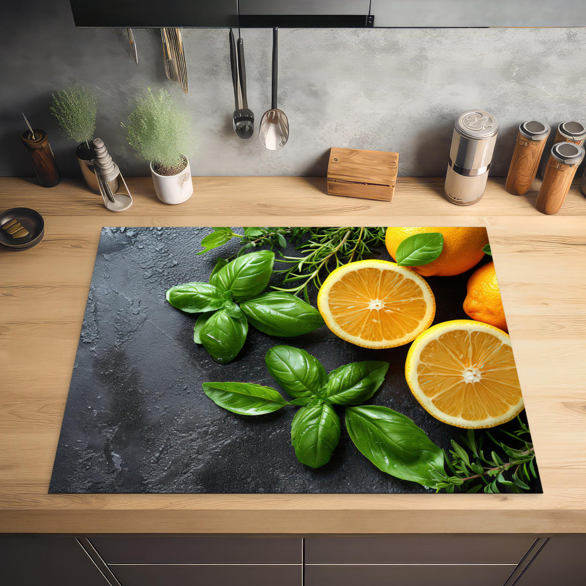 HERDABDECKPLATTE Obst - Grau - Konkret - Orange - Pflanzen Induktionsmatte 77x59 cm - Anthrazit, Kunststoff (77/59/0.2cm) - MuchoWow