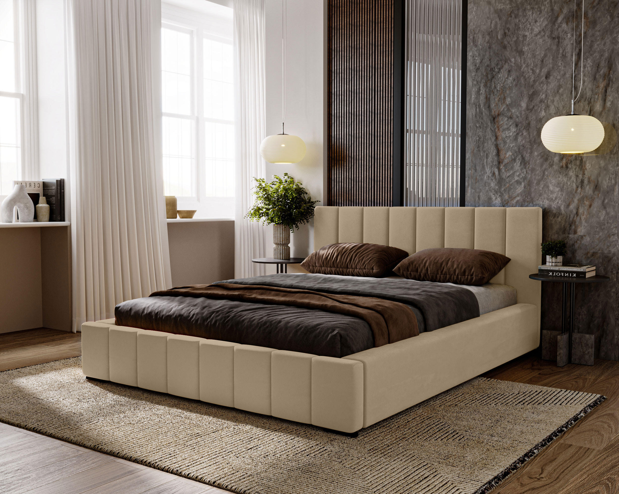 POLSTERBETT Nero 140x200 cm, Doppelbett mit Bettkasten und Lattenrost aus Holz, Velourstoff: Hellbraun - Hellbraun, Holz/Kunststoff (140/200cm) - Marpur