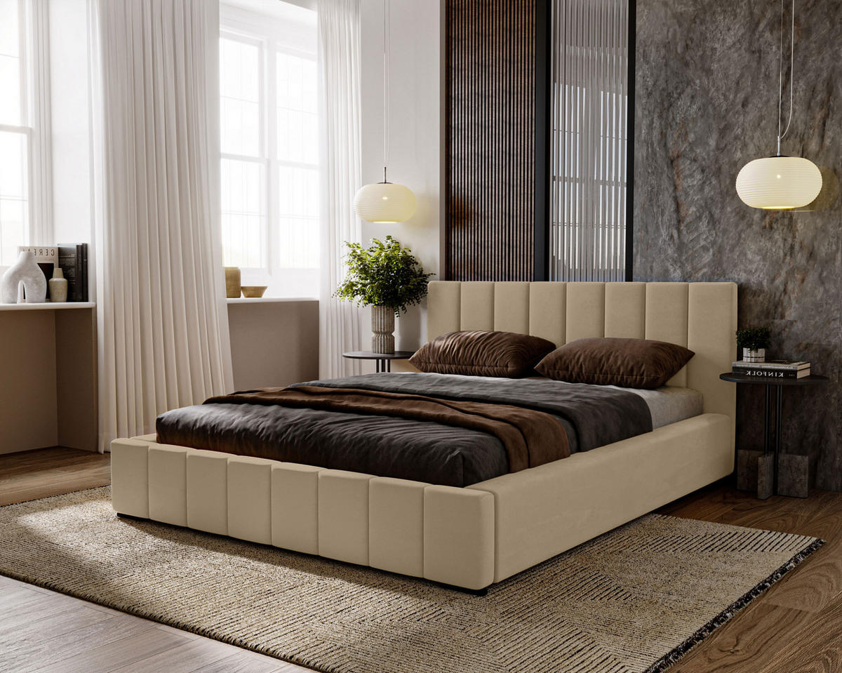 POLSTERBETT Nero 200x200 cm, Doppelbett mit Bettkasten und Lattenrost aus Holz, Velourstoff: Hellbraun - Hellbraun, Holz/Kunststoff (200/200cm) - Marpur