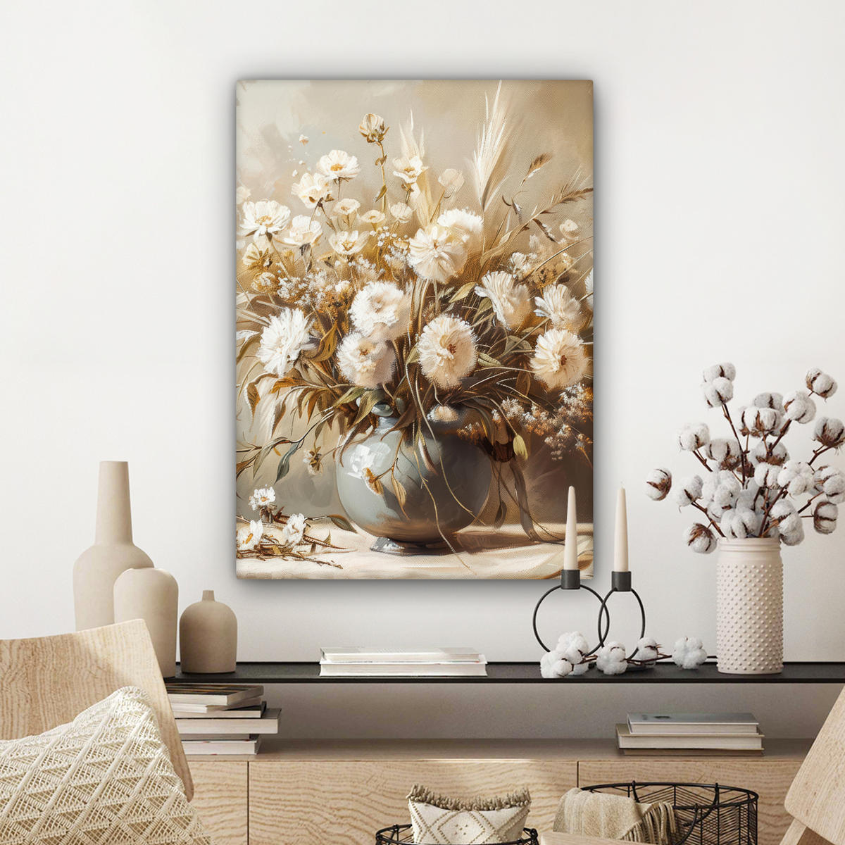 LEINWANDBILD Blumen - Vase - Stilleben - Beige Wandbild Wohnzimmer 60x80 cm - Creme, Textil (60/80cm) - MuchoWow