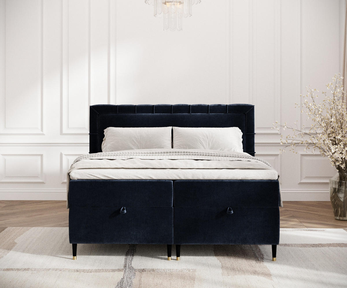 BOXBETT Monpelli Marineblau 140/200 cm mit Matratze und Topper - Schwarz/Dunkelblau, Holz/Holzwerkstoff (140/200cm) - Maison de Reve