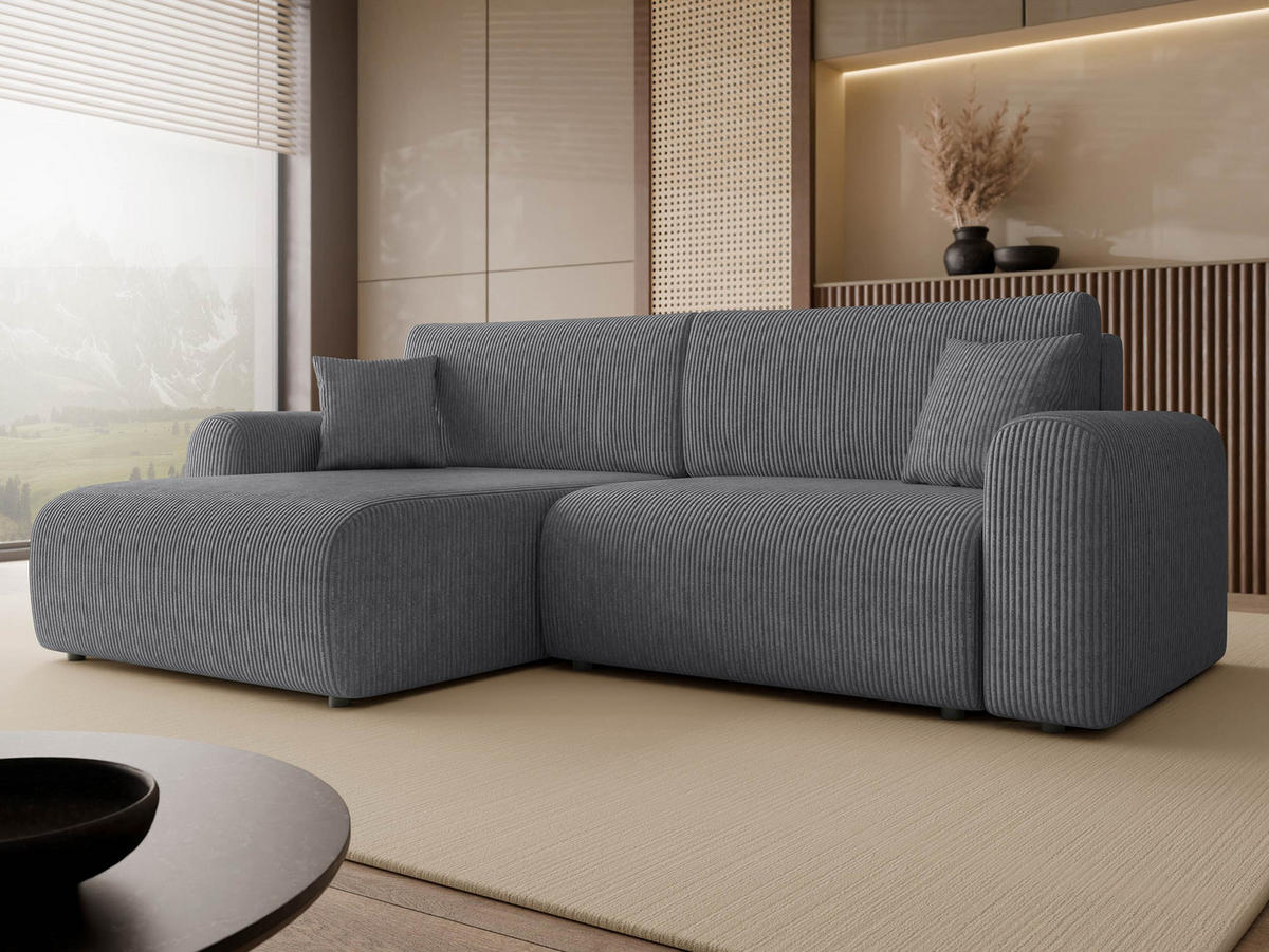 ECKSOFA Floryn L Cord - Schwarz/Grau, Holz/Kunststoff (245/145cm) - MIRJAN24