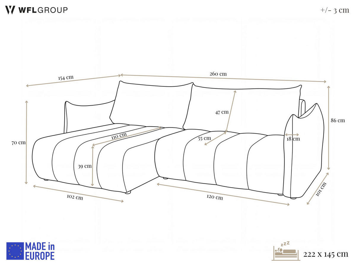 ECKSOFA Liv mit Schlaffunktion & Bettkasten in Cordstoff Hellgrau, Universell 260/154/86 cm - Hellgrau/Schwarz, Kunststoff/Textil (260/154cm) - WFL GROUP
