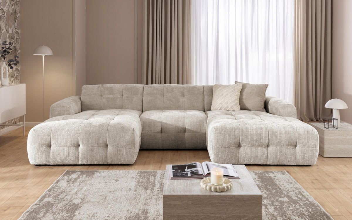 WOHNLANDSCHAFT in U-Form mit raffinierten Steppungen, 6-Sitzer, Wellenunterfederung, B323/T161/H79 cm, Chenille-Bezug in Sand Grau / 21048 - Sandfarben/Greige, Kunststoff/Textil (323/79/161cm) - luma-home