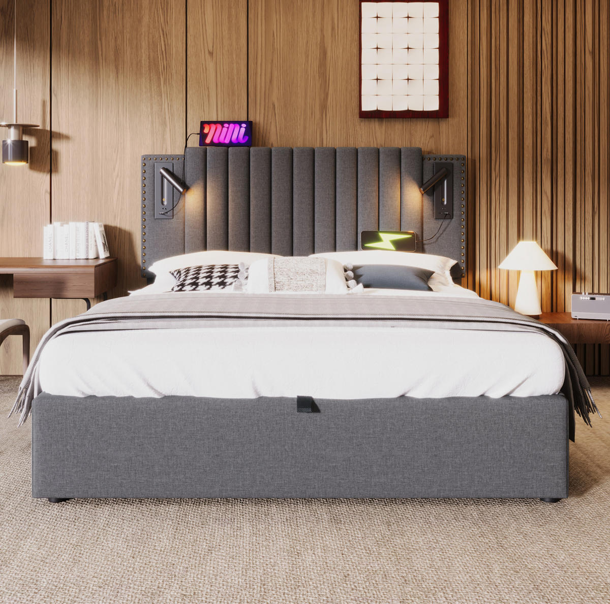 POLSTERBETT 180/200 cm mit USB- und Type-C-Anschlüssen, Leselicht und Bettkasten, Baumwolle, Grau - Grau, Textil (180/200cm) - Redom