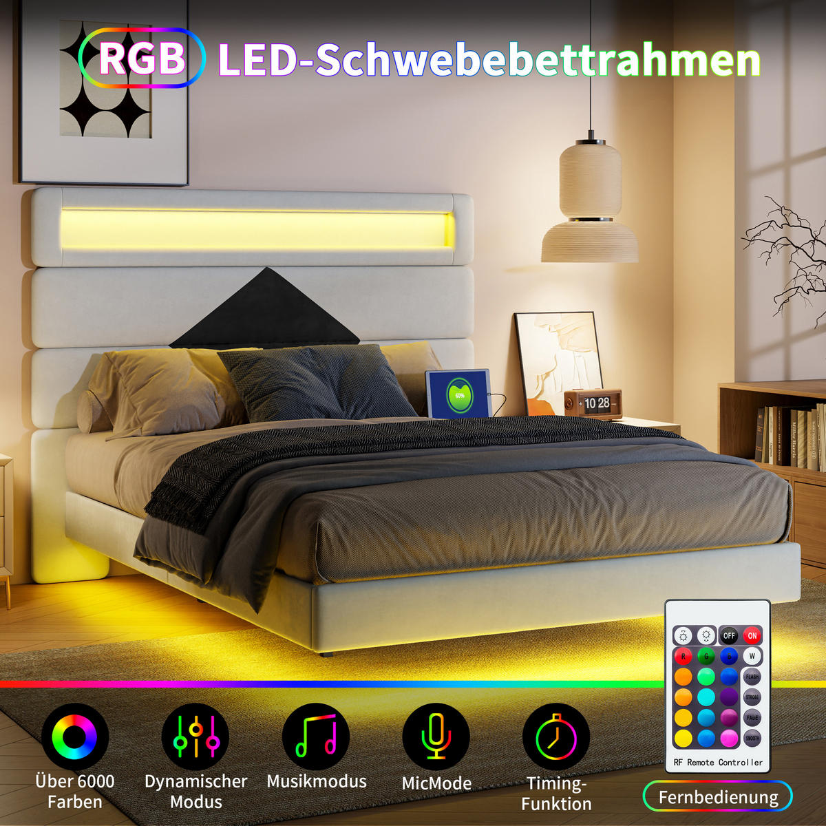 POLSTERBETT 140/190 cm beige Samt mit LED USB Kopfteil - Beige, Holz