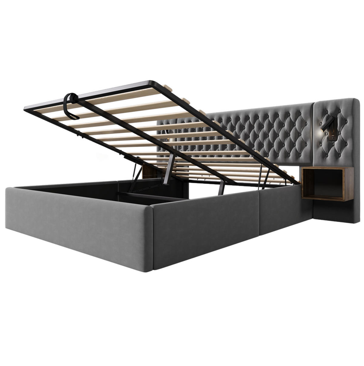 BETT mit Stauraum 160x200 cm Samt Grau mit 2 Nachttischen - Grau, Metall (160/200cm) - Meubliv