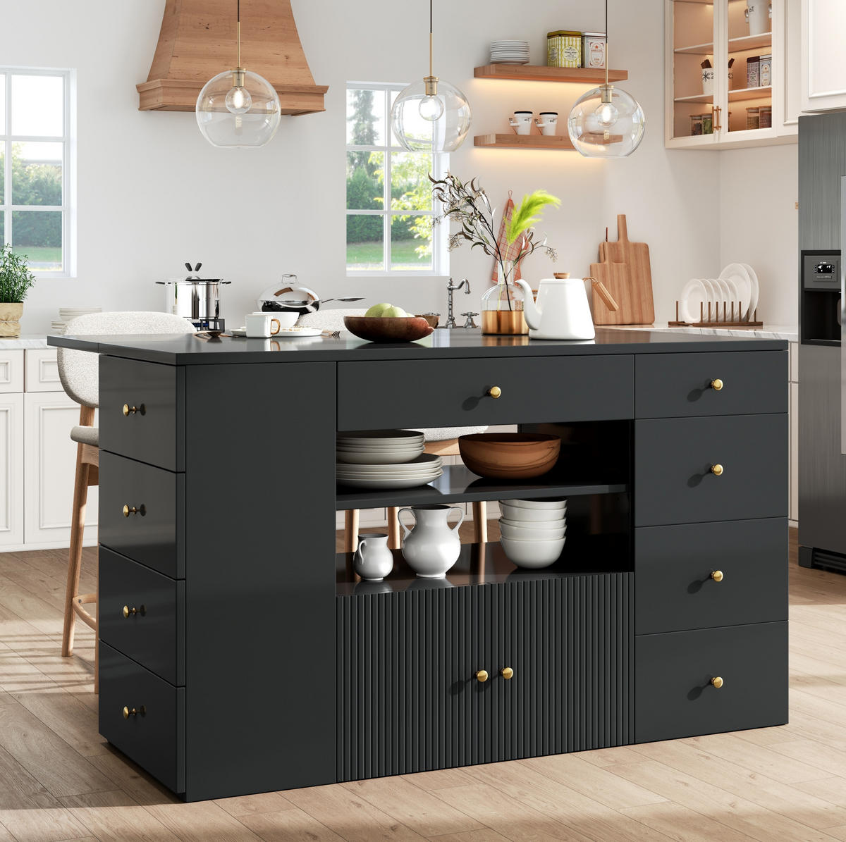 KÜCHENINSEL aus MDF mit 6 Schubladen & Hocker, 140/40(70)/89 cm, Schwarz - Schwarz, Holzwerkstoff (40/89/140cm) - Redom