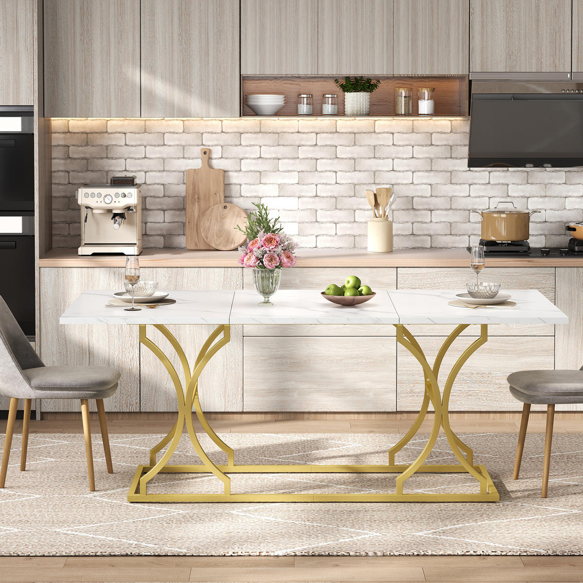 ESSTISCH Weiß + Gold mit Metallbeinen und verstellbaren Fußgleitern 200/80/76 cm - Weiß, Holz (80/200/76cm) - Oxeza