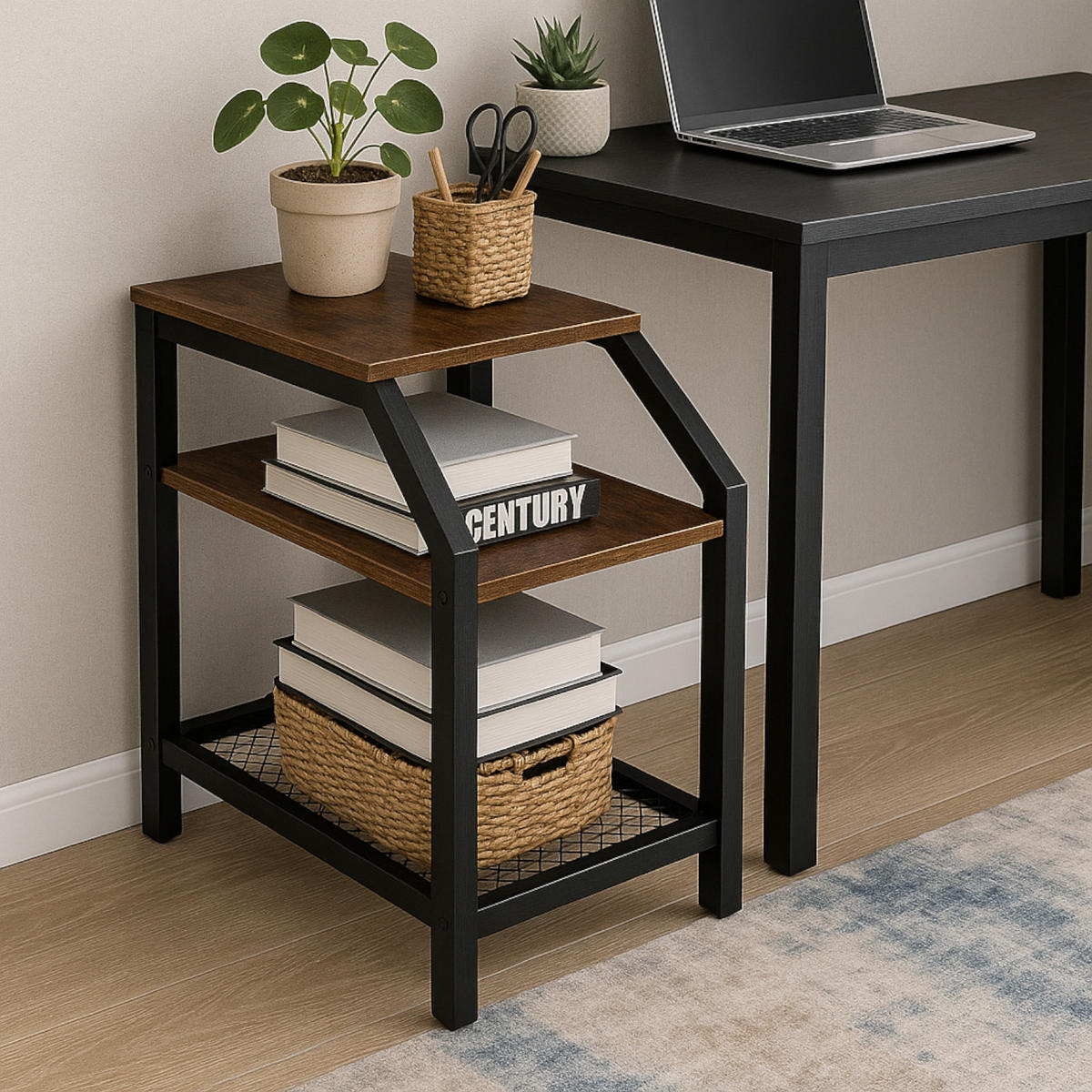 BEISTELLTISCH Metall Holzoptik Dunkelbraun Schwarz 3 Ablagen 59x30x60 cm - Dunkelbraun/Schwarz, Holzwerkstoff/Metall (30/59/60cm) - Begryf