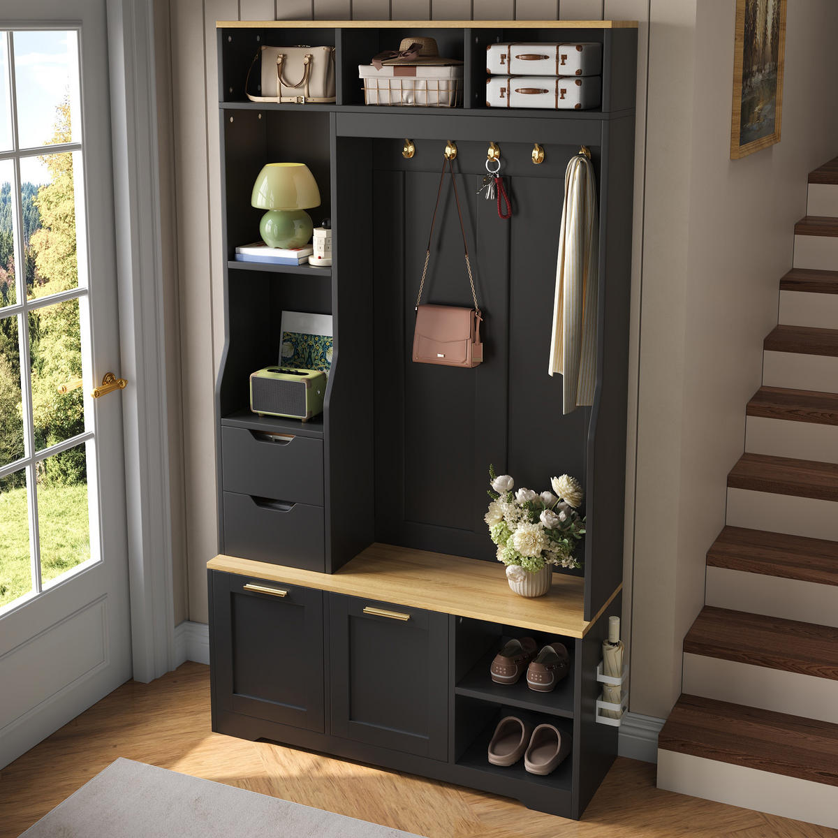 KOMPAKTGARDEROBE Schwarz Flurschrank mit Sitzbank, Schuhschrank & LED Licht - Schwarz, Holzwerkstoff (100/186/32cm) - Urban Meuble