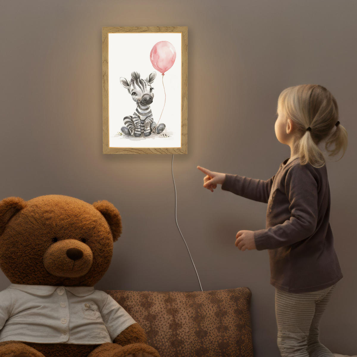 NACHTTISCHLAMPE Zebra - Baby - Tiere - Rosa Luftballon 20x30 cm - Weiß, Holzwerkstoff (8/20/30cm)